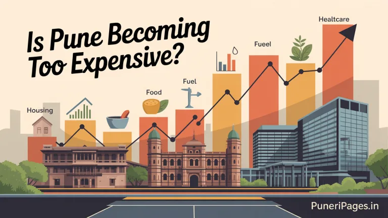 Digital collage showing Pune’s skyline with rising cost icons, titled "Is Pune Becoming Too Expensive?"