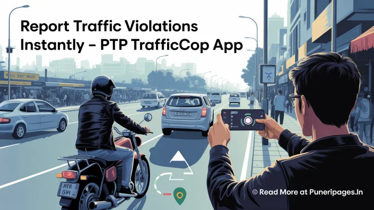 "A citizen using their phone to report a traffic violation in Pune through the PTP TrafficCop app, with visible street and app elements."