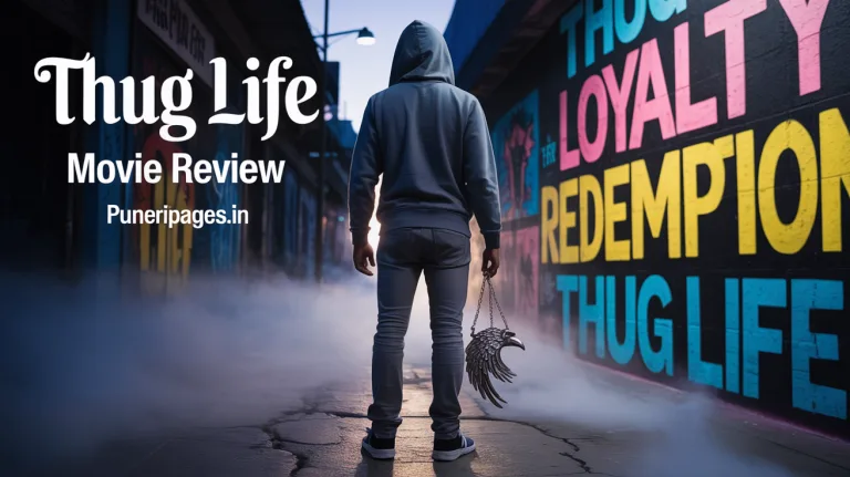 Cover image showing a moody urban alley at dusk with a lone figure facing a graffiti wall, symbolic of the "Thug Life" movie's themes of redemption and survival, including text: "Thug Life Movie Review – puneripages.in