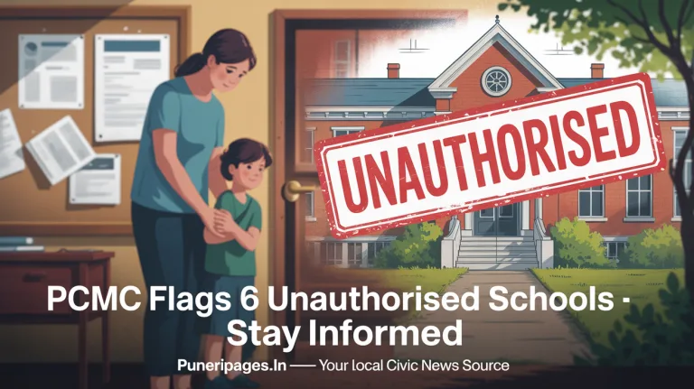 Illustration of a parent and child in front of a school marked unauthorised with warning signs, highlighting PCMC's public advisory.