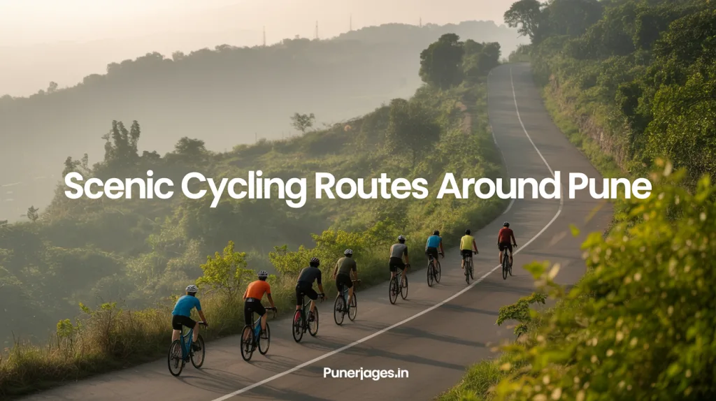 Group of cyclists riding through a scenic countryside route near Pune with morning light and lush green hills in the background