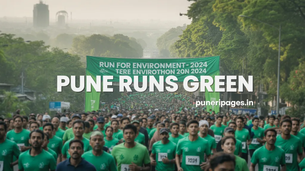 Wide-angle view of the TERRE Envirothon 2024 in Pune with hundreds of participants in green t-shirts under a banner that says “Run for Environment,” surrounded by morning greenery.