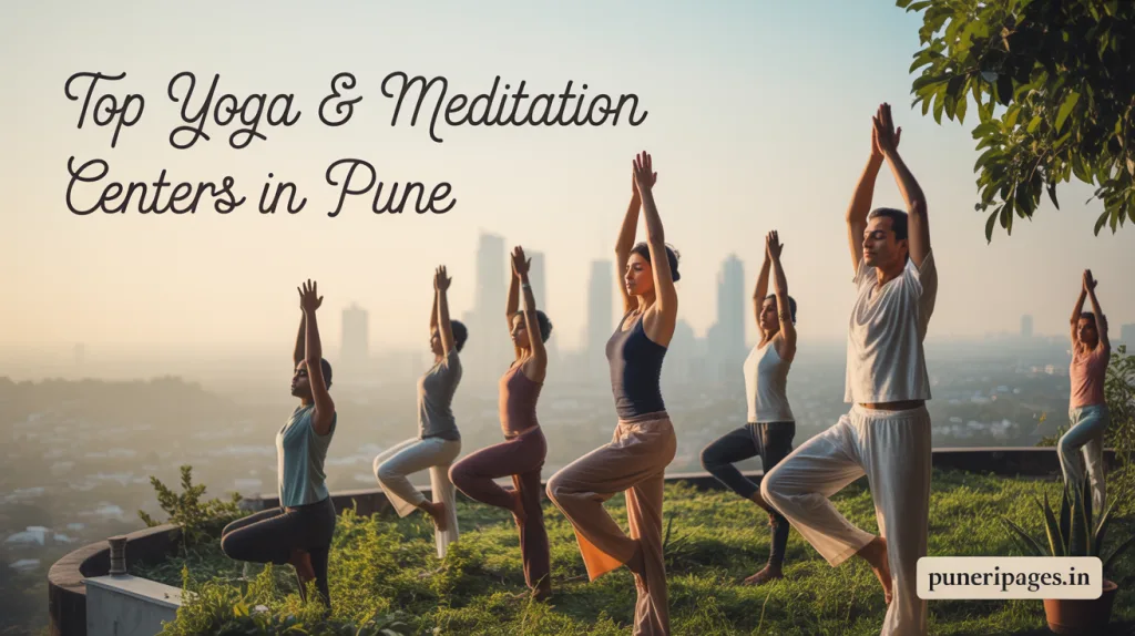 People practicing yoga at sunrise in a peaceful garden setting overlooking Pune city, with article title and website name overlayed.
