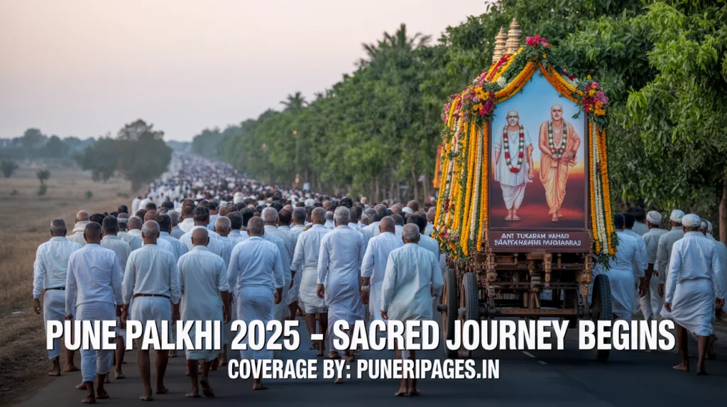 Devotees in white attire marching in a spiritual procession with palkhis of Sant Tukaram and Sant Dnyaneshwar under a golden sunrise, with puneripages.in branding