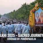 Devotees in white attire marching in a spiritual procession with palkhis of Sant Tukaram and Sant Dnyaneshwar under a golden sunrise, with puneripages.in branding