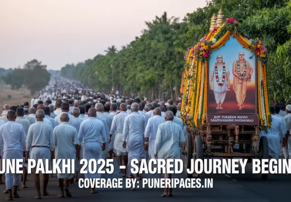 Devotees in white attire marching in a spiritual procession with palkhis of Sant Tukaram and Sant Dnyaneshwar under a golden sunrise, with puneripages.in branding