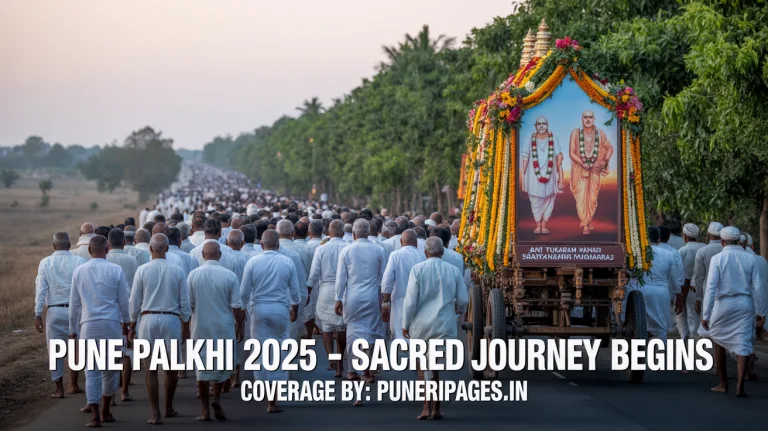 Devotees in white attire marching in a spiritual procession with palkhis of Sant Tukaram and Sant Dnyaneshwar under a golden sunrise, with puneripages.in branding