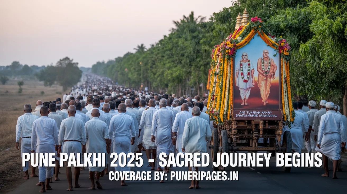 Devotees in white attire marching in a spiritual procession with palkhis of Sant Tukaram and Sant Dnyaneshwar under a golden sunrise, with puneripages.in branding