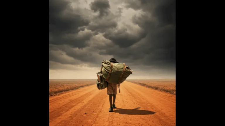 Indian school child carrying heavy backpack symbolizing academic burden