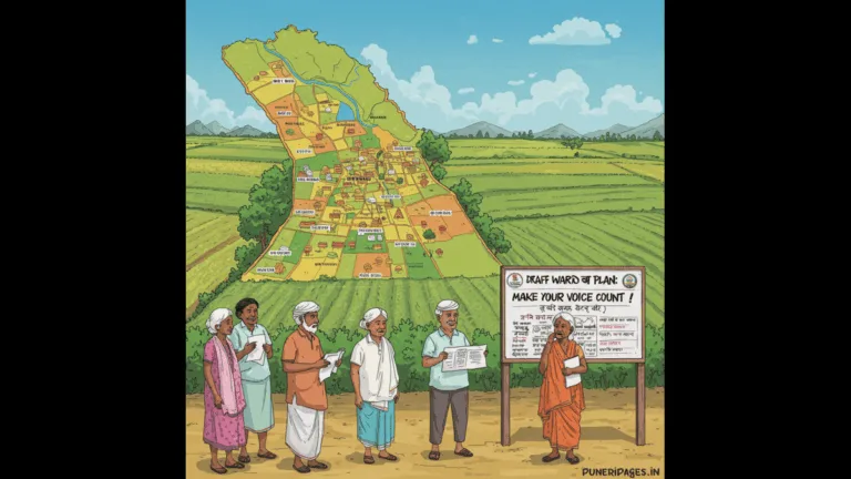 Illustrated rural map of Pune with villagers checking ward plan zones.