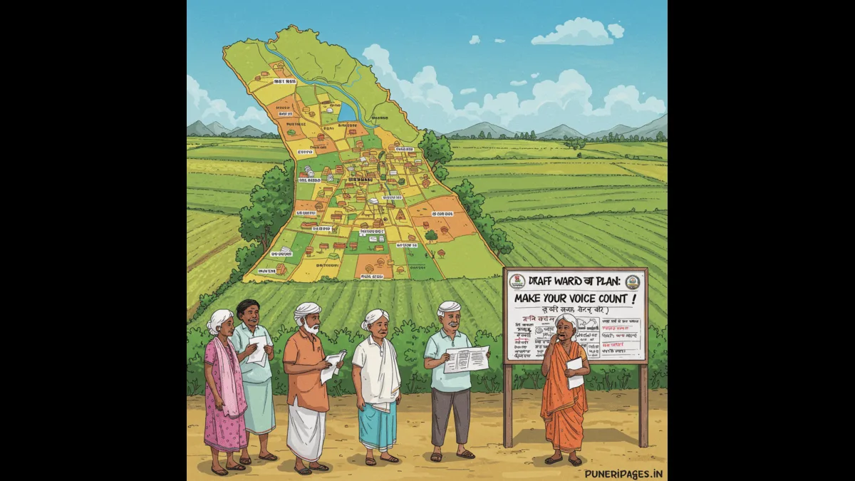 Illustrated rural map of Pune with villagers checking ward plan zones.