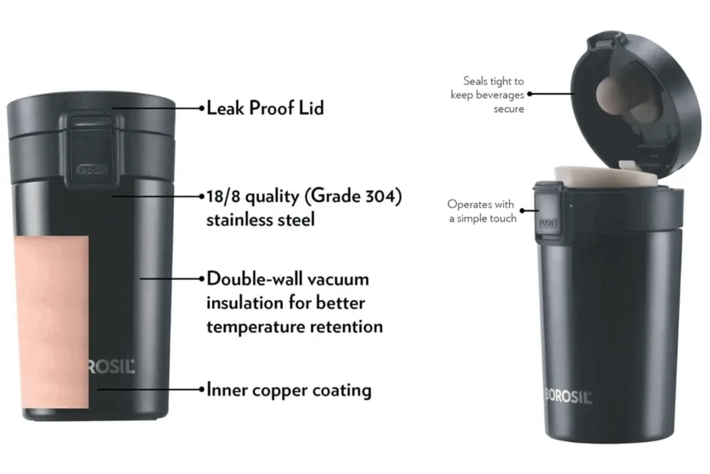 Borosil Hydra flask on a desk with books, laptop, and gym gear around, showcasing its everyday usability.