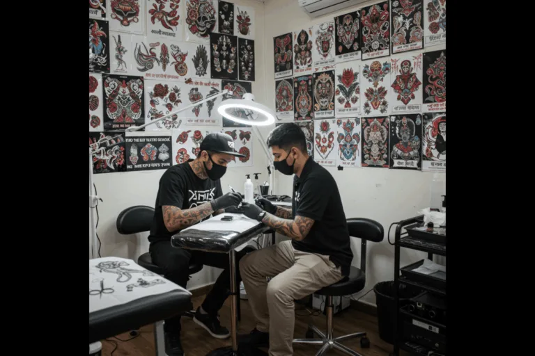 Tattoo mentor guiding a student in a clean, professional studio in Pune, highlighting top tattoo training environment