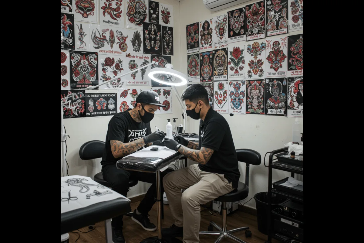Tattoo mentor guiding a student in a clean, professional studio in Pune, highlighting top tattoo training environment