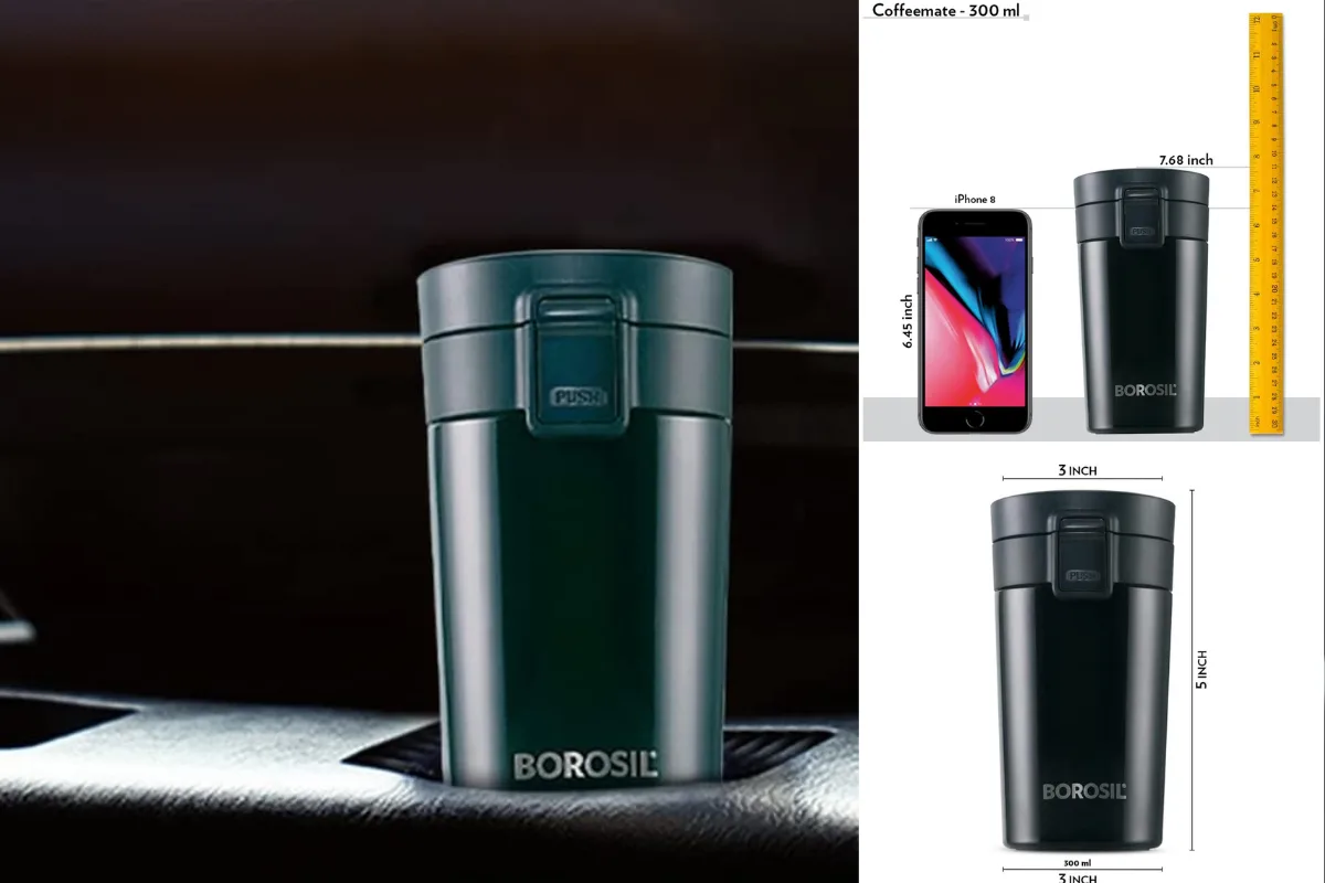 Borosil Hydra flask on a desk with books, laptop, and gym gear around, showcasing its everyday usability.