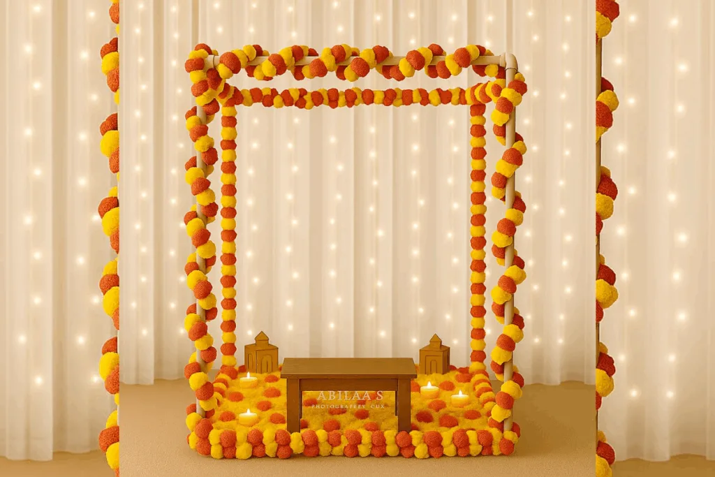 A vibrant Ganesh Chaturthi home mandap setup featuring artificial marigold garlands.