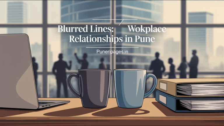 "A symbolic office scene showing two coffee mugs on a shared desk in a corporate setting, representing workplace relationships in Pune"