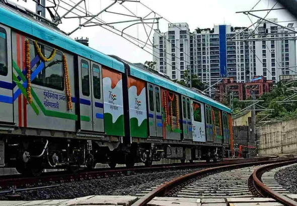Pune Metro Line 3 train on elevated tracks over Hinjewadi area during trial run.