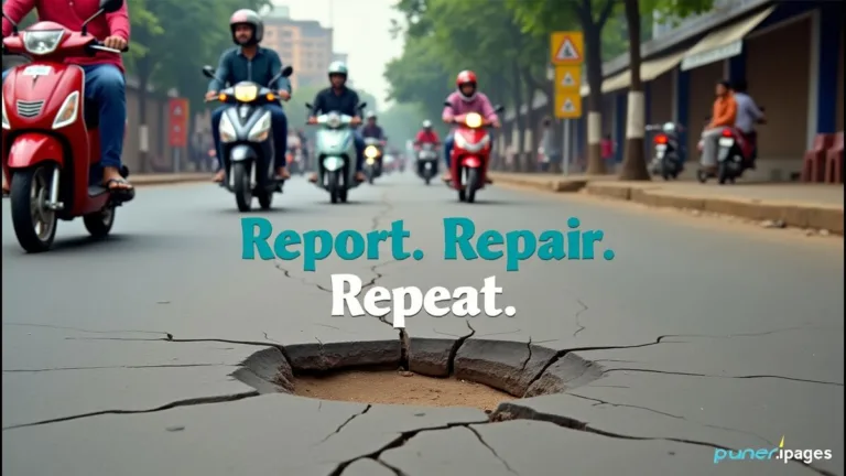 Citizen in Pune clicking photo of pothole on a damaged city road.