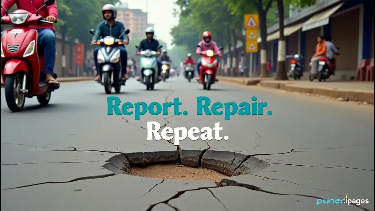 Citizen in Pune clicking photo of pothole on a damaged city road.