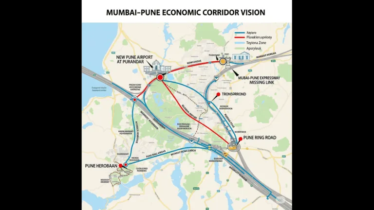Map showing Mumbai-Pune corridor projects including new airport, ring road, and expressway