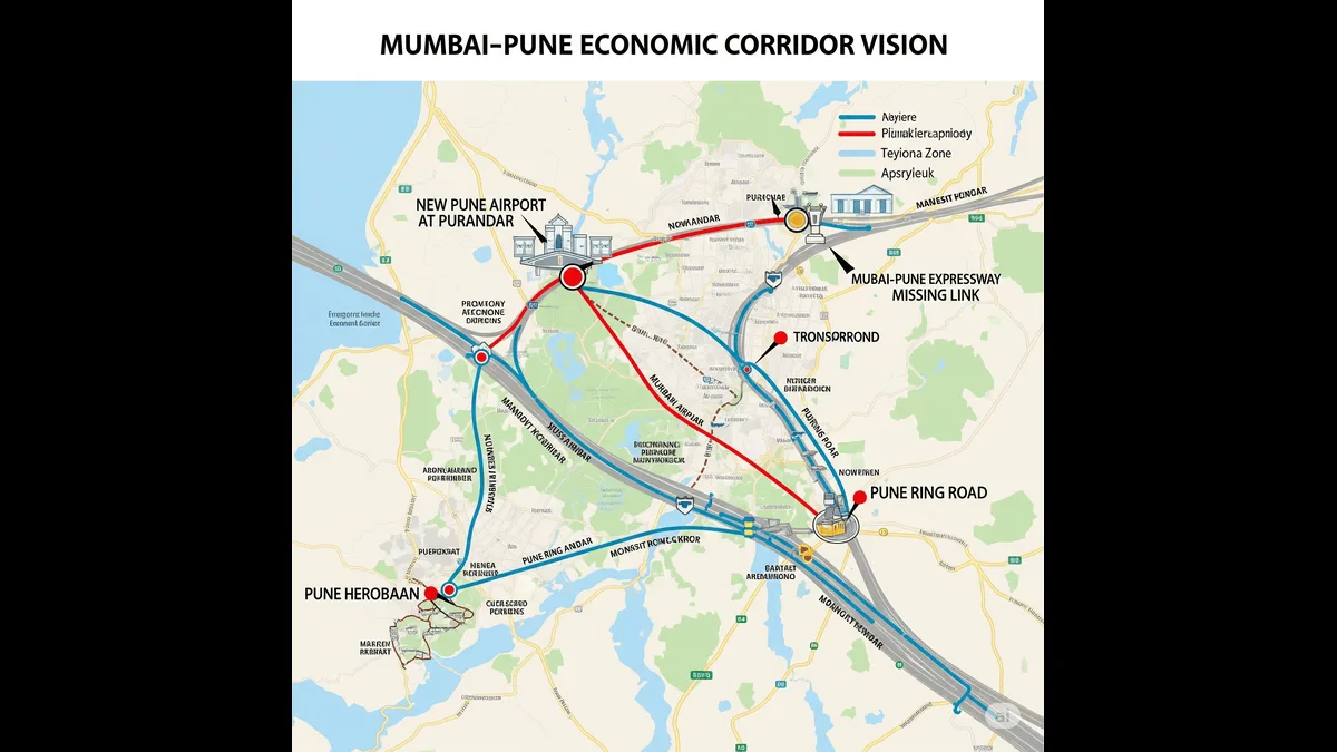 Map showing Mumbai-Pune corridor projects including new airport, ring road, and expressway