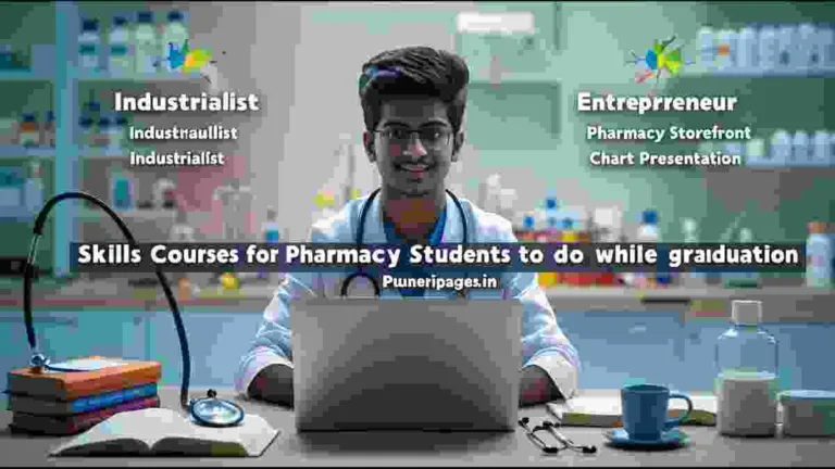 Indian pharmacy student studying skill courses with laptop and books for career growth