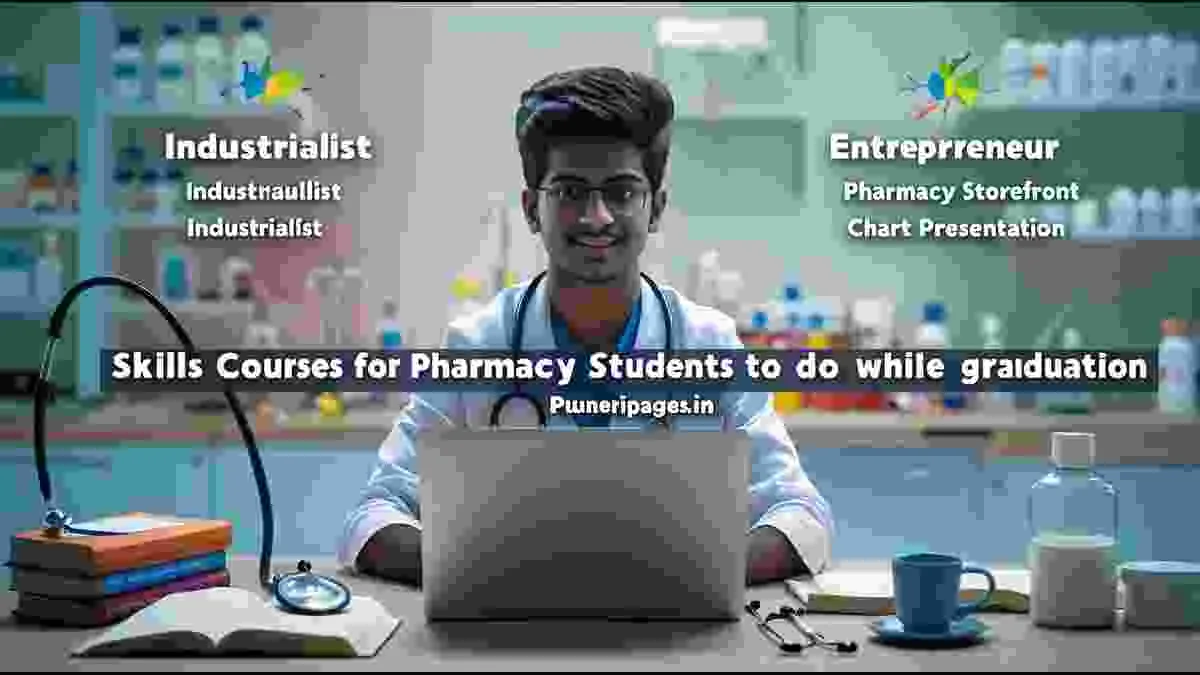 Indian pharmacy student studying skill courses with laptop and books for career growth