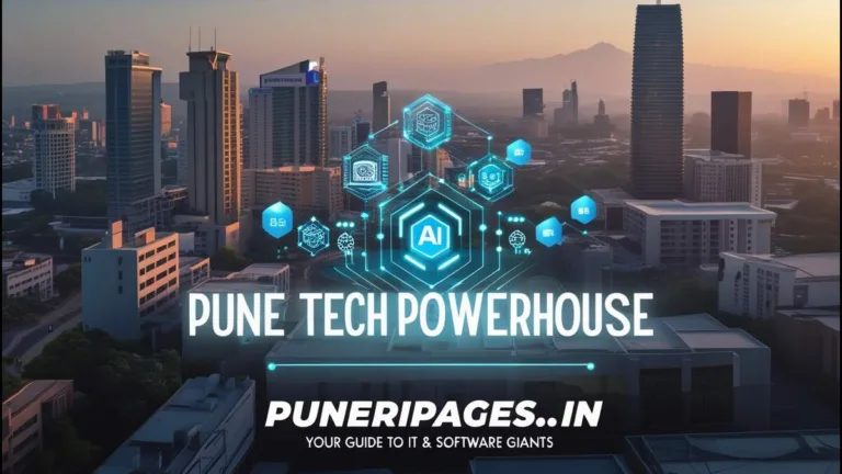Golden hour skyline of Pune's tech hubs with digital tech overlays and the text "Pune Tech Powerhouse – puneripages.in".