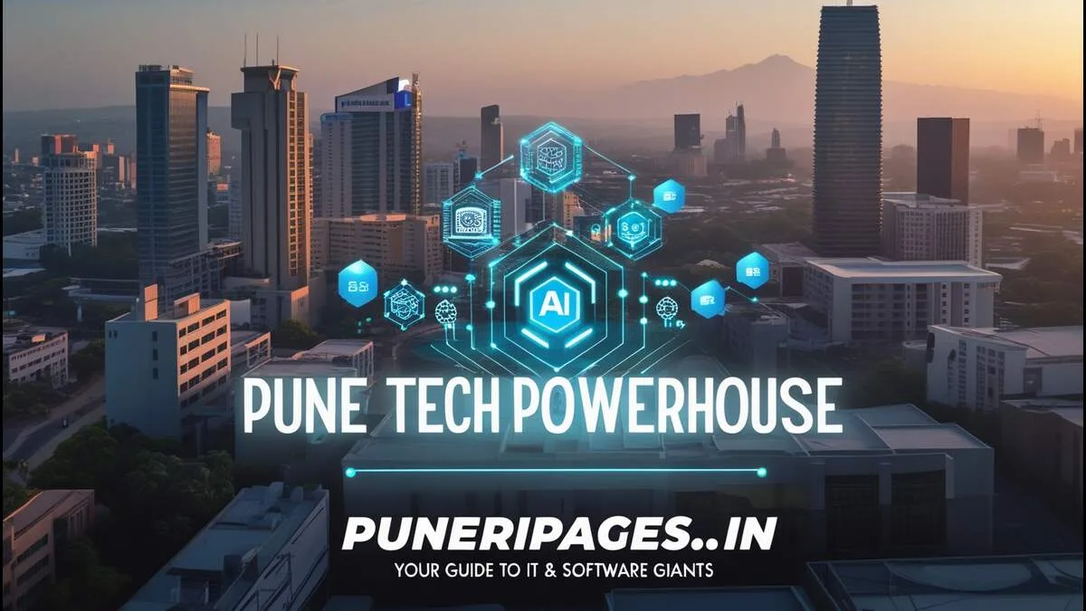 Golden hour skyline of Pune's tech hubs with digital tech overlays and the text "Pune Tech Powerhouse – puneripages.in".