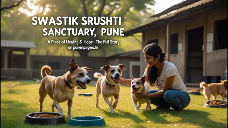 Rescued dogs playing at Swastik Srushti Sanctuary in Pune, with a volunteer caring for them in a sunlit green shelter space.