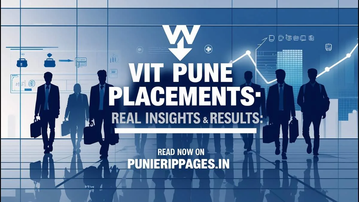 VIT Pune students walking near campus with placement icons and success charts in the background.