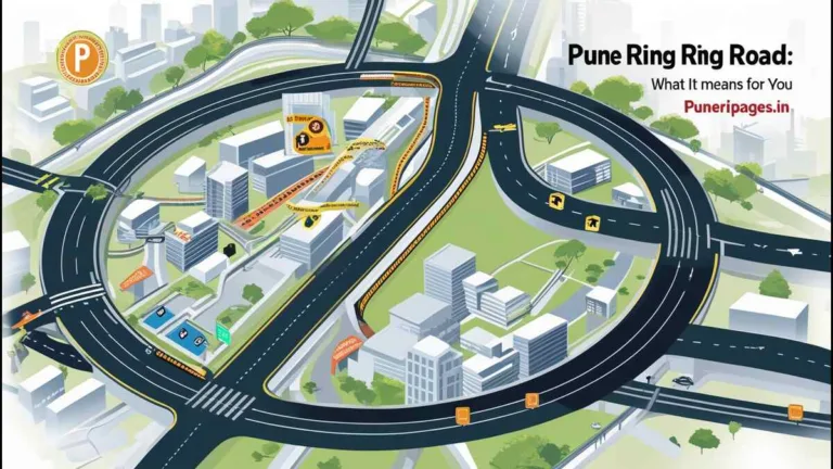 "Illustrated map of Pune showing ring road project with traffic relief and development visuals"