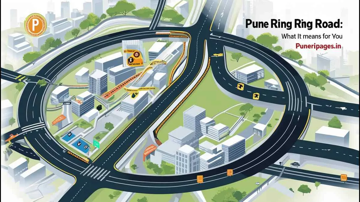 "Illustrated map of Pune showing ring road project with traffic relief and development visuals"