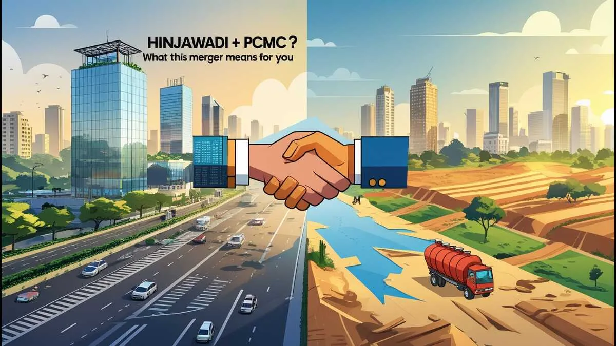 "Visual representation of Hinjawadi merging with PCMC, showing the contrast between high-tech infrastructure and rural conditions."