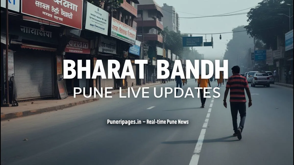 Pune street with closed shops and sparse traffic during Bharat Bandh
