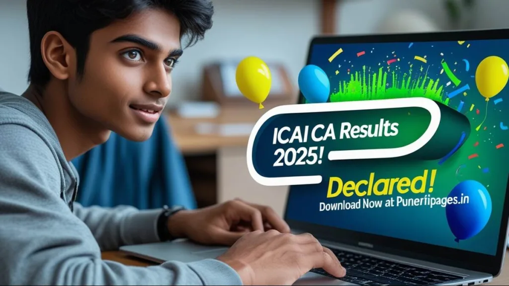 CA student checking ICAI CA Results 2025 on laptop.