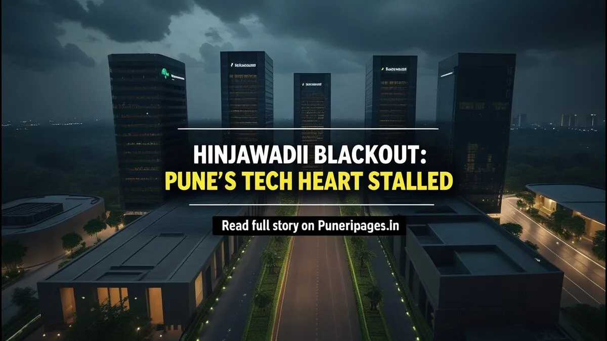 Aerial view of Hinjawadi IT Park under partial blackout due to power outage, with overlay text about the incident.