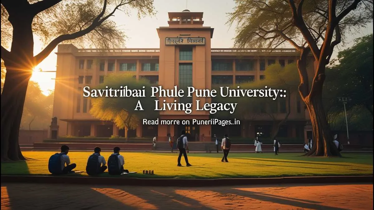 Students walking and studying on the lawn near the Main Building of Savitribai Phule Pune University at sunset.