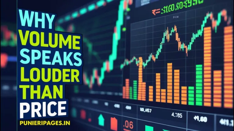 "Illustration of traders analyzing stock price vs volume charts with text: Why Volume Speaks Louder Than Price - puneripages.in"