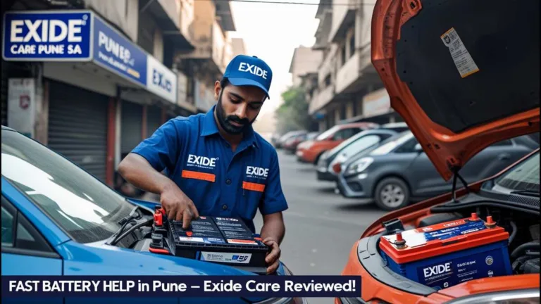 Exide Care Pune SA mechanic replacing a car battery on a Pune street with visible signage and puneripages.in text
