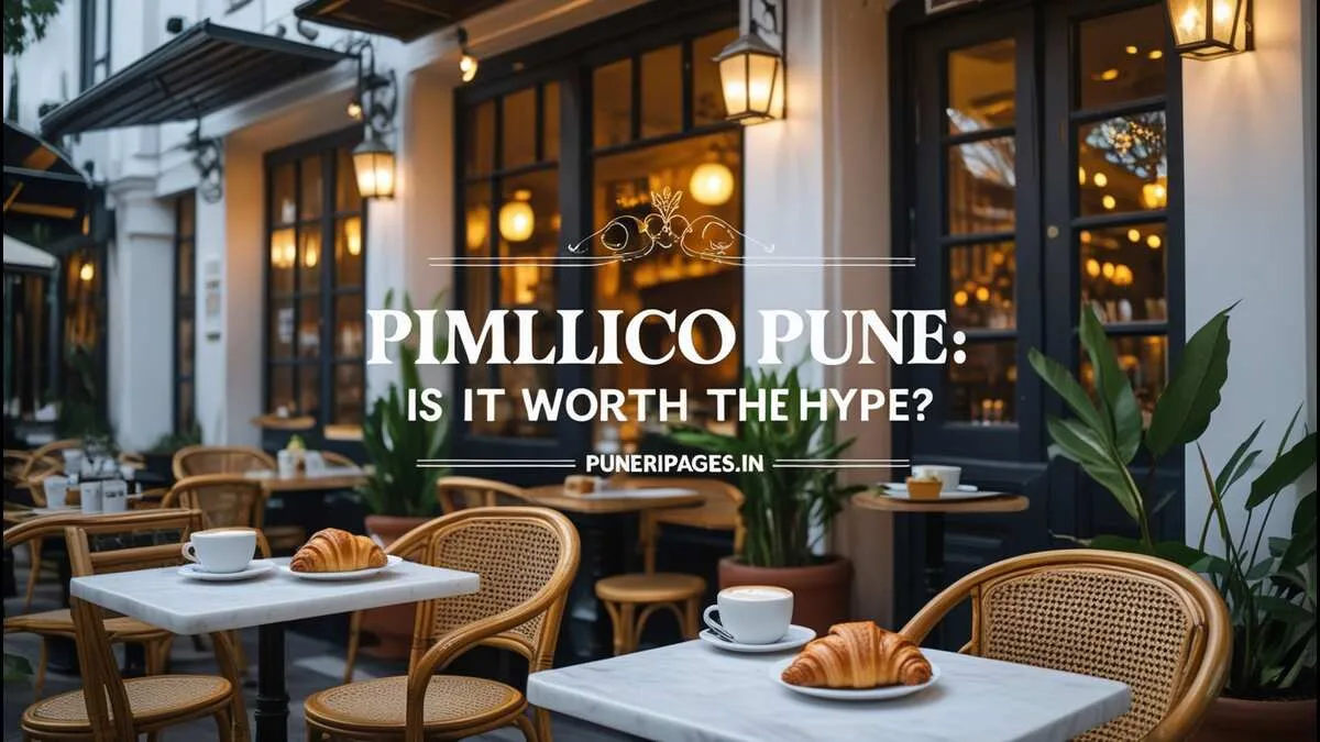 Charming European-style cafe scene with cozy decor, cappuccino, and croissant — blog cover for Pimlico Pune review on puneripages.in