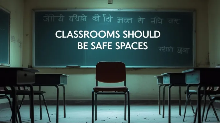 An empty classroom with a spotlight on one chair and desk, representing student trauma and the need for safe educational spaces.