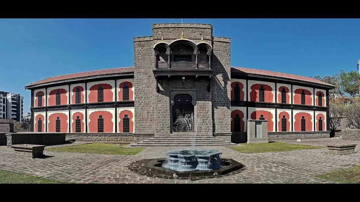 A majestic entrance view of Shivsrushti Pune with historical architecture