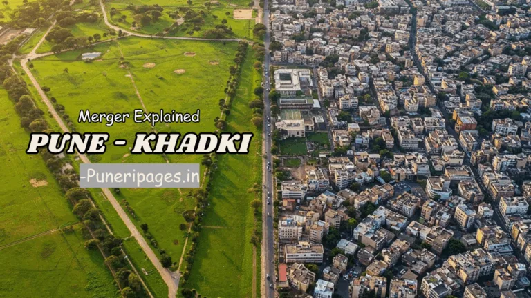 Aerial view of Pune and Khadki cantonments with overlay text explaining PMC merger