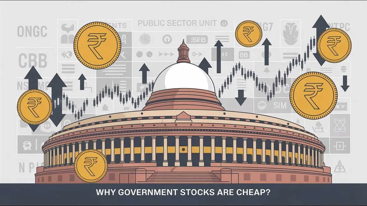 Illustration of Indian PSU buildings with stock graphs and dividends icons, symbolizing cheap valuations