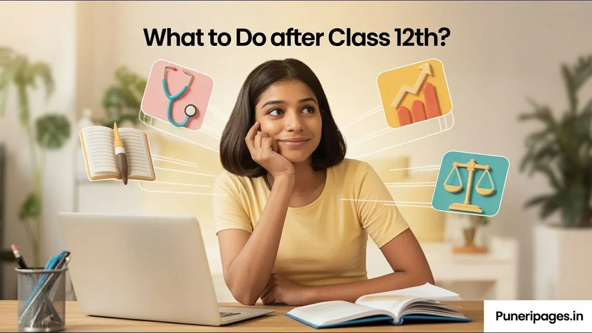 Happy student exploring future career options after 12th with books and laptop