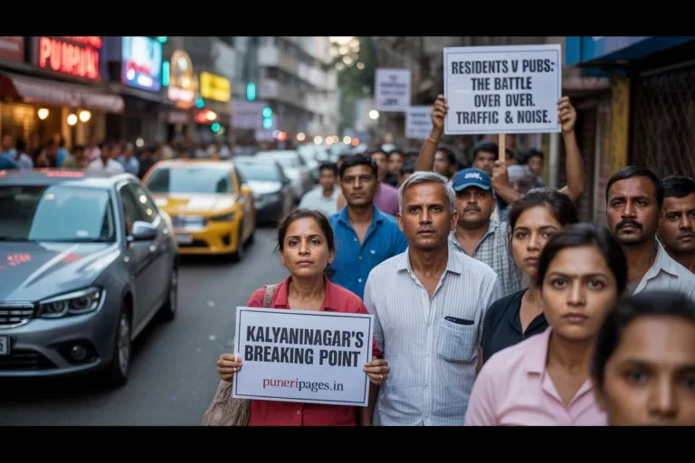 Chaotic traffic in Kalyaninagar's residential lanes at night with protest signs and pub lights in background.