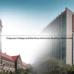Classic Fergusson College gothic building beside modern DES Pune University structure