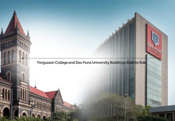 Classic Fergusson College gothic building beside modern DES Pune University structure